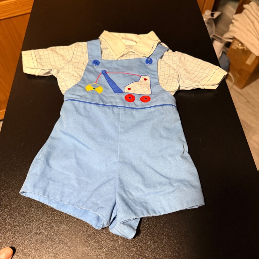 Vintage 2T Cradle Togs Toy Crane Overalls Set Toddler Boys Blue & White
